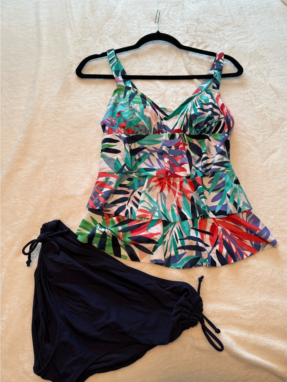 Tropical Print Tankini Top with Solid Navy Bottoms